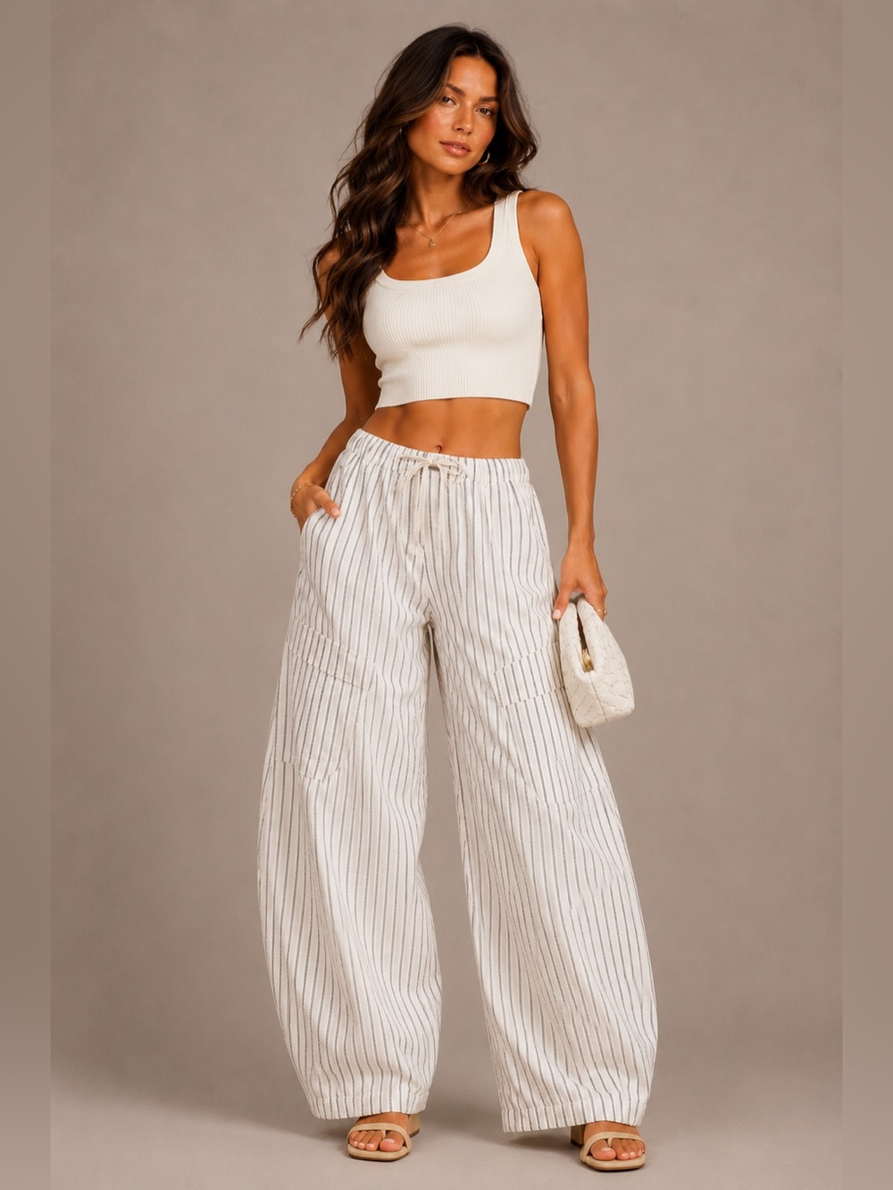 NWT Striped Barrel-Leg Cargo Pants in White